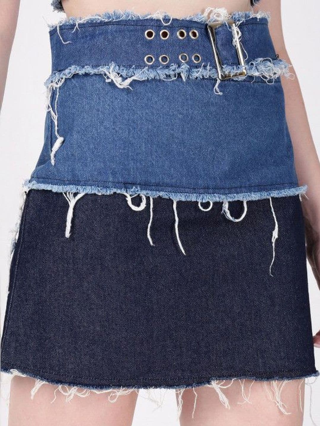 Bene Kleed Women Blue Pure Cotton Blend Colourblocked Frayed Denim Mini Straight Skirt thumbnail 7