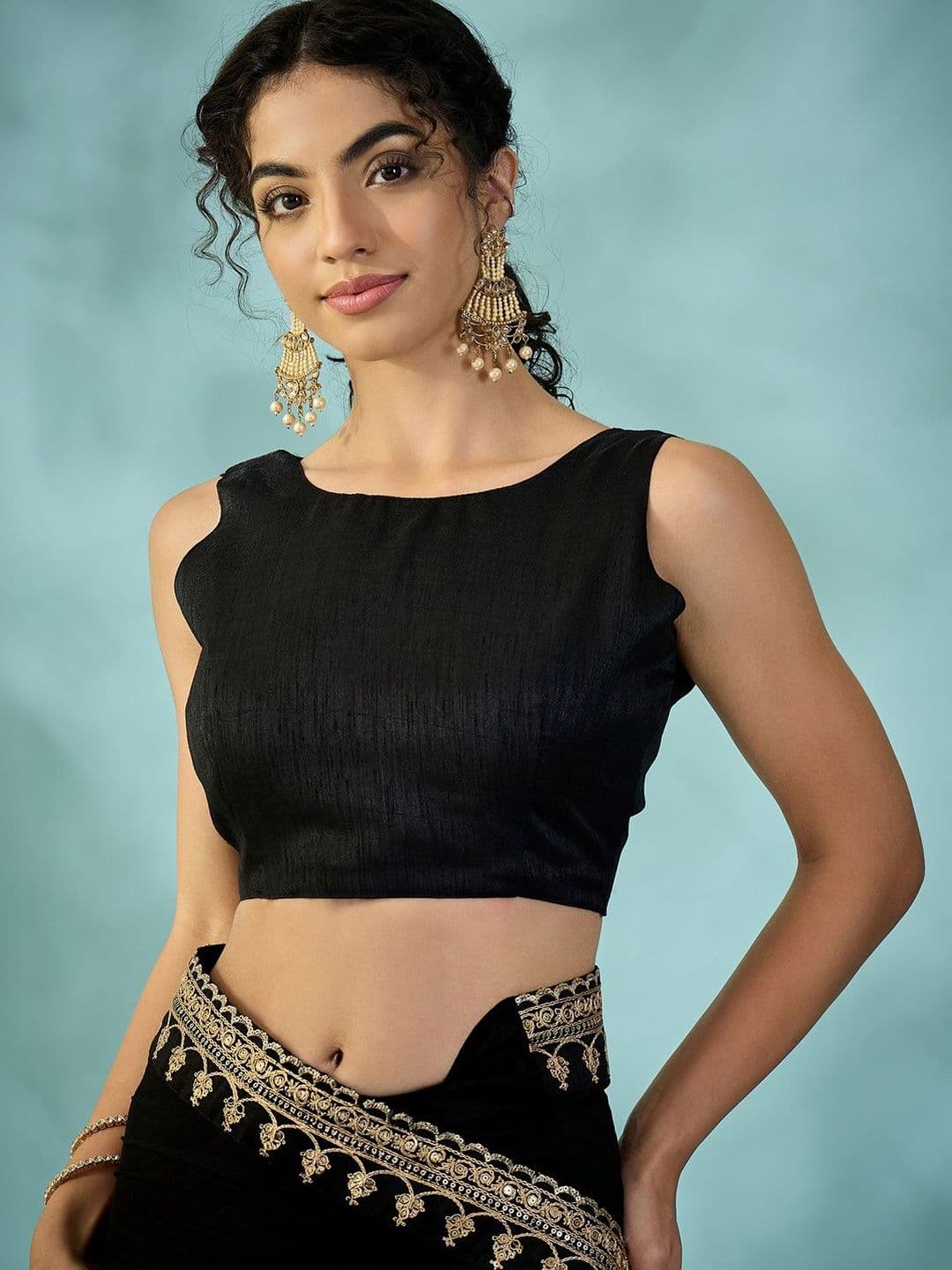 Saree mall Black Embellished Embroidered Heavy Work Sarees Unstiched Blouse thumbnail 4
