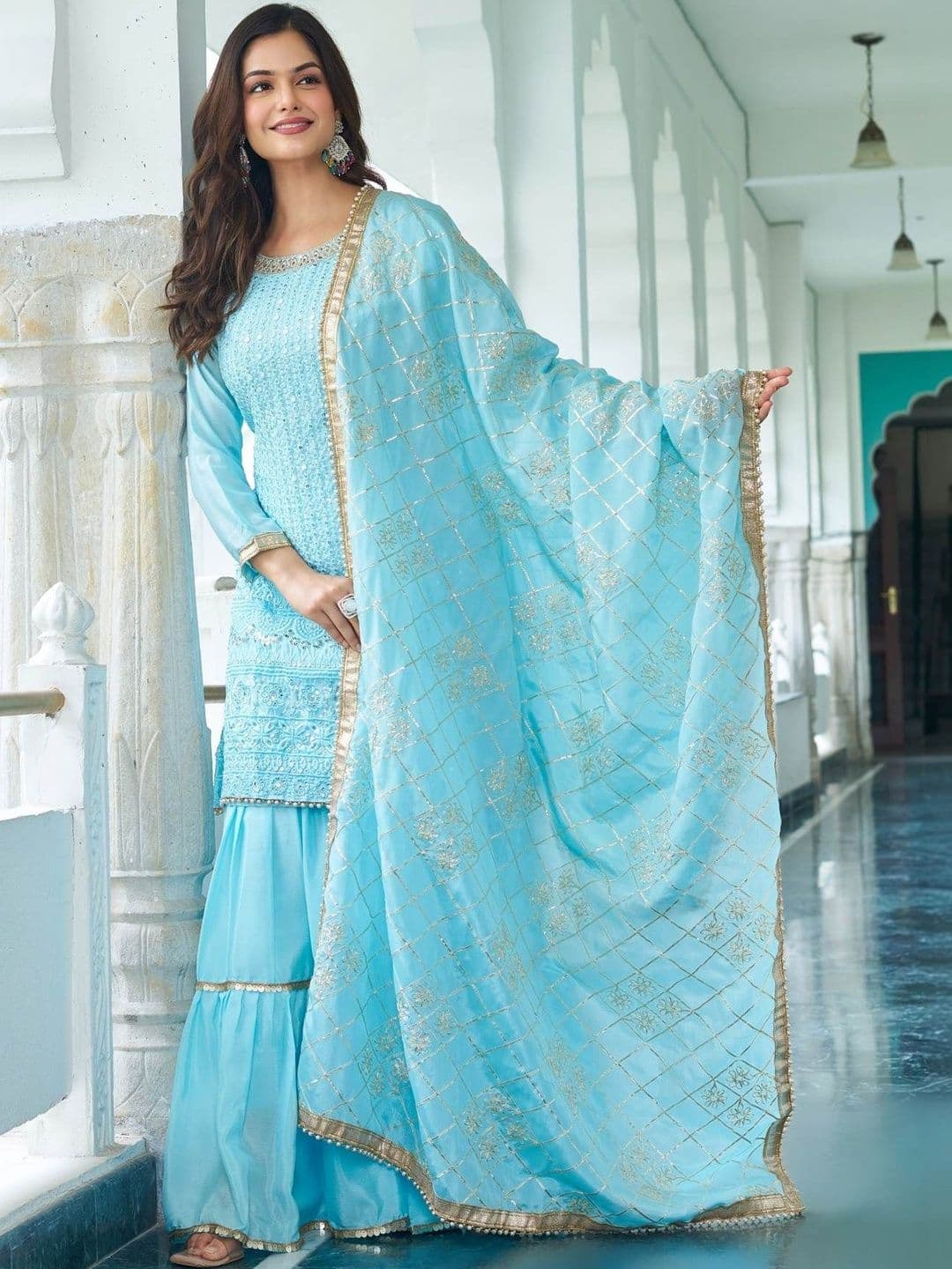 HERE&NOW Women Ethnic Motifs Embroidered Regular Thread Work Kurta with Sharara & With Dupatta - view 1