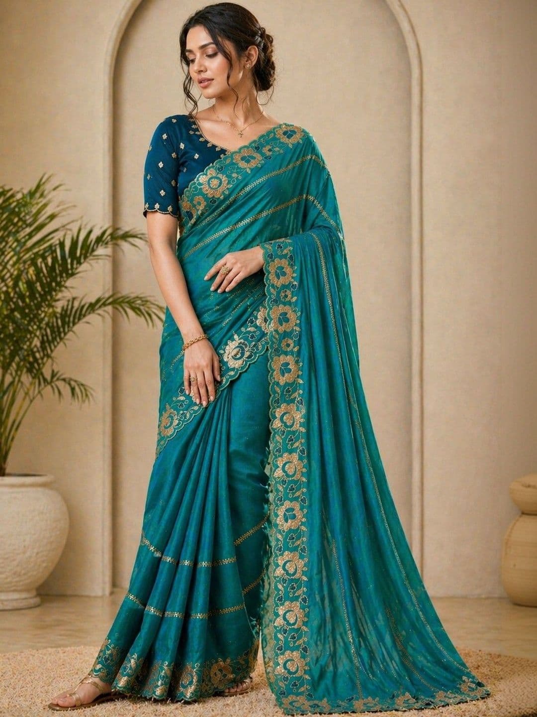 HERE&NOW Floral Embroidered Poly Georgette Designer Banarasi Saree - view 1