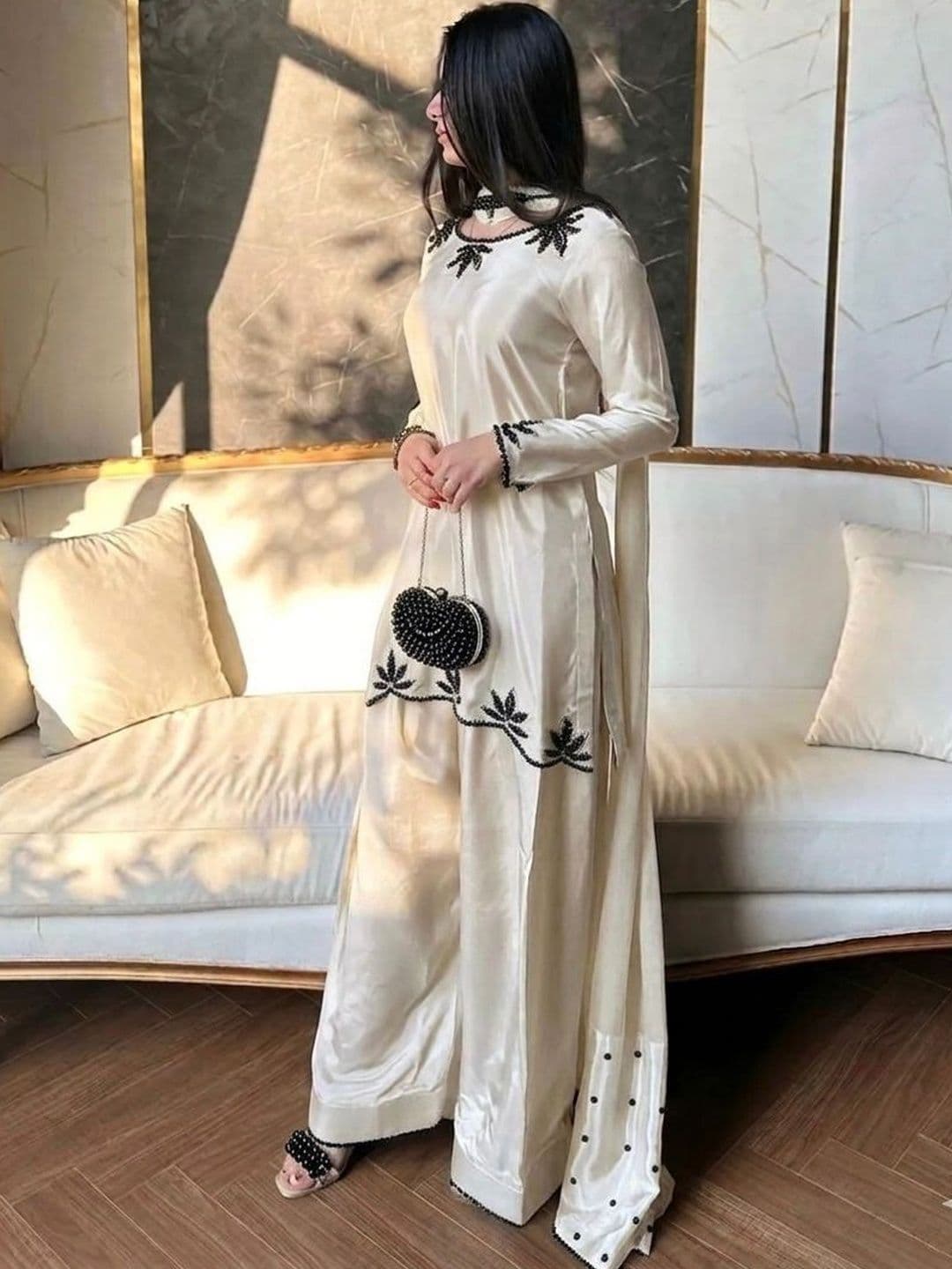 HERIN ENTERPRISE Women Ethnic Motifs Embroidered Regular Beads and Stones Silk Crepe Kurta with Palazzos & - view 1