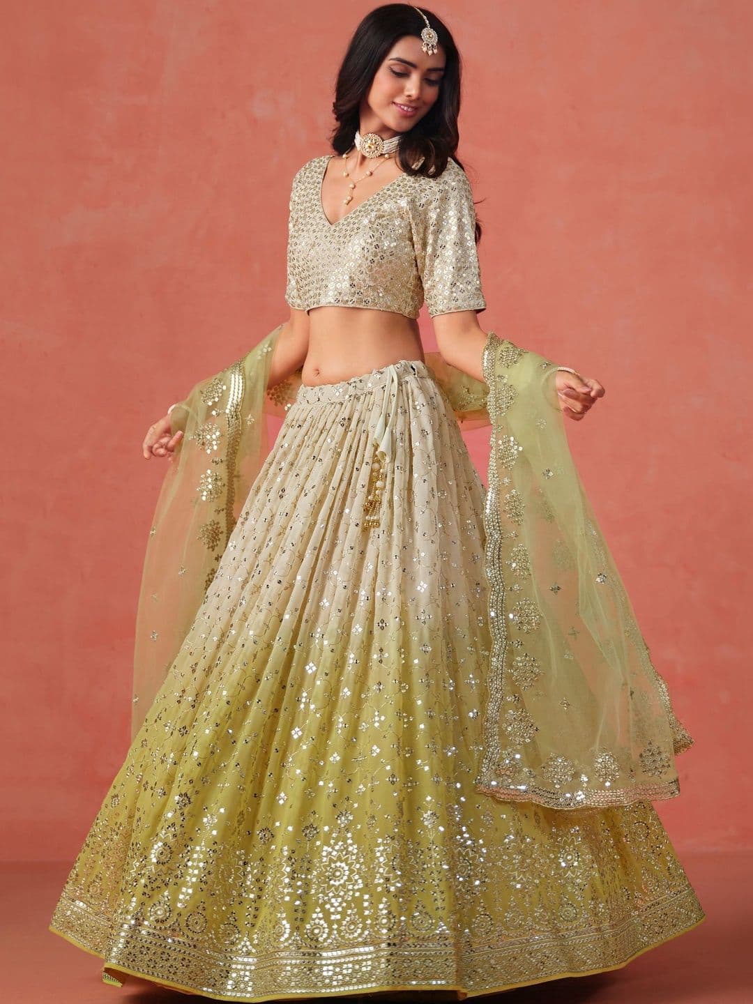 ETHNIC PLUS Embroidered Yellow Embellished Sequinned Semi-Stitched Lehenga & Blouse With Dupatta thumbnail 7