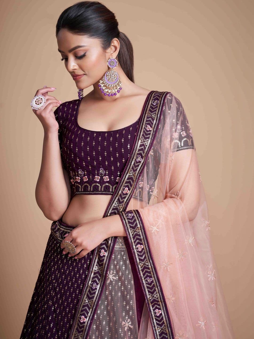 ETHNIC PLUS Embroidered Purple Embellished Sequinned Semi-Stitched Lehenga & Blouse With Dupatta thumbnail 2