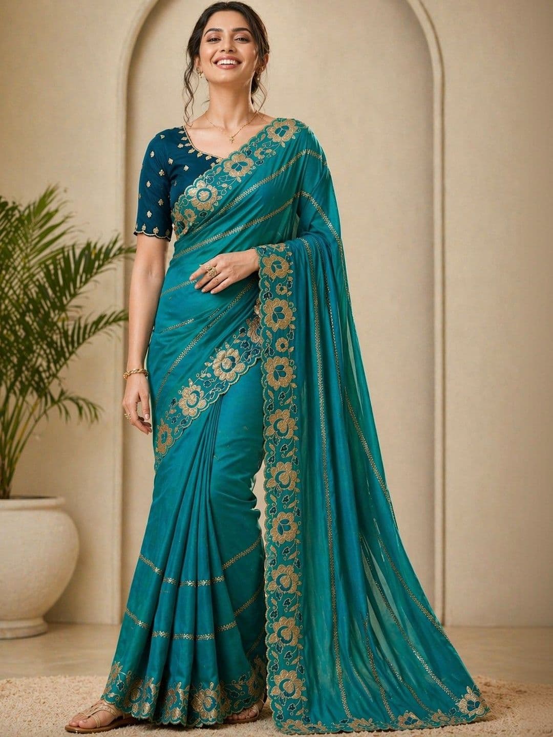 HERE&NOW Floral Embroidered Poly Georgette Designer Banarasi Saree thumbnail 3