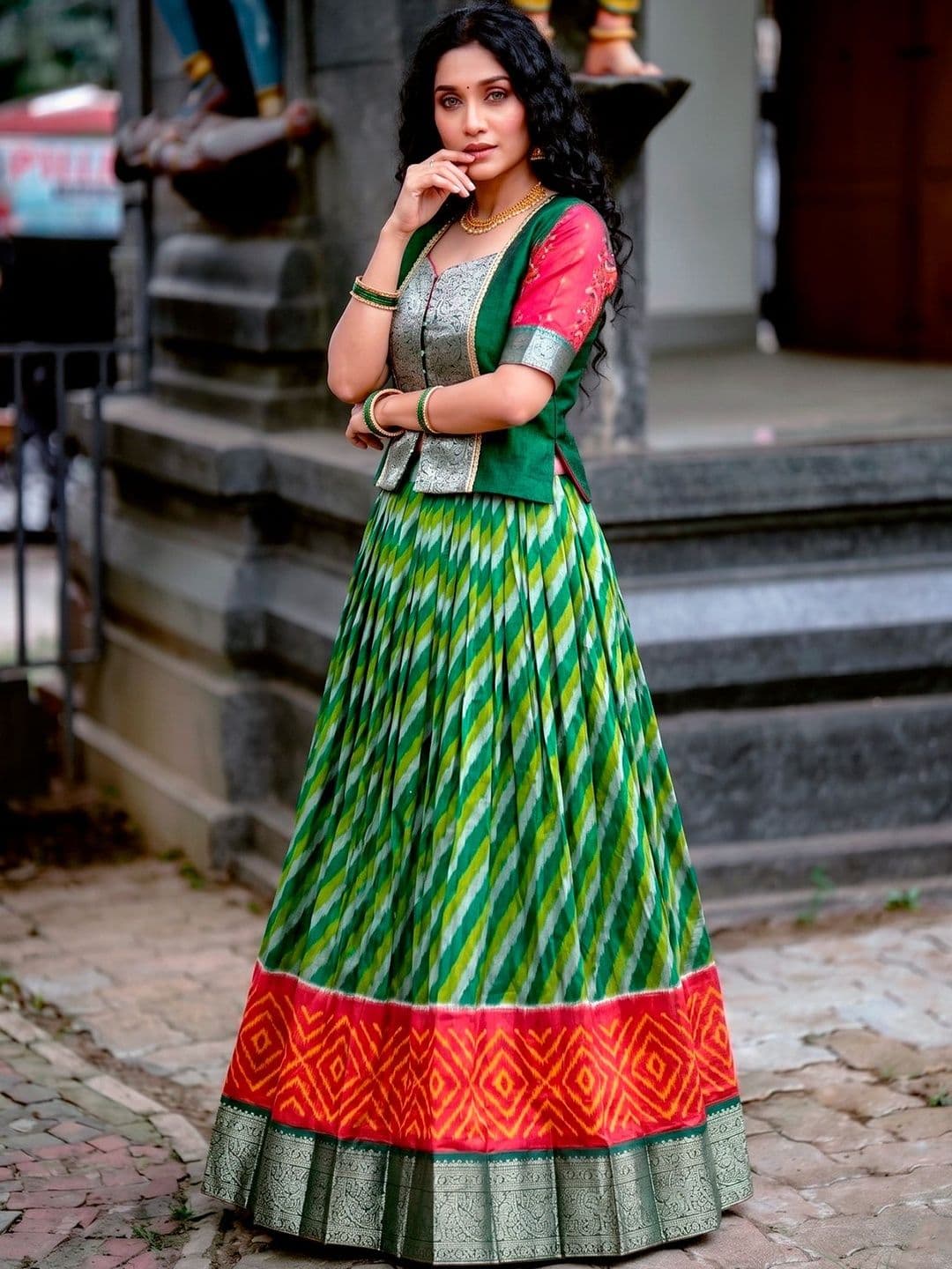 LOOKNBOOK ART Tasar Silk Leheriya Print Lehenga Choli with Rich Zari Weaving Work thumbnail 5
