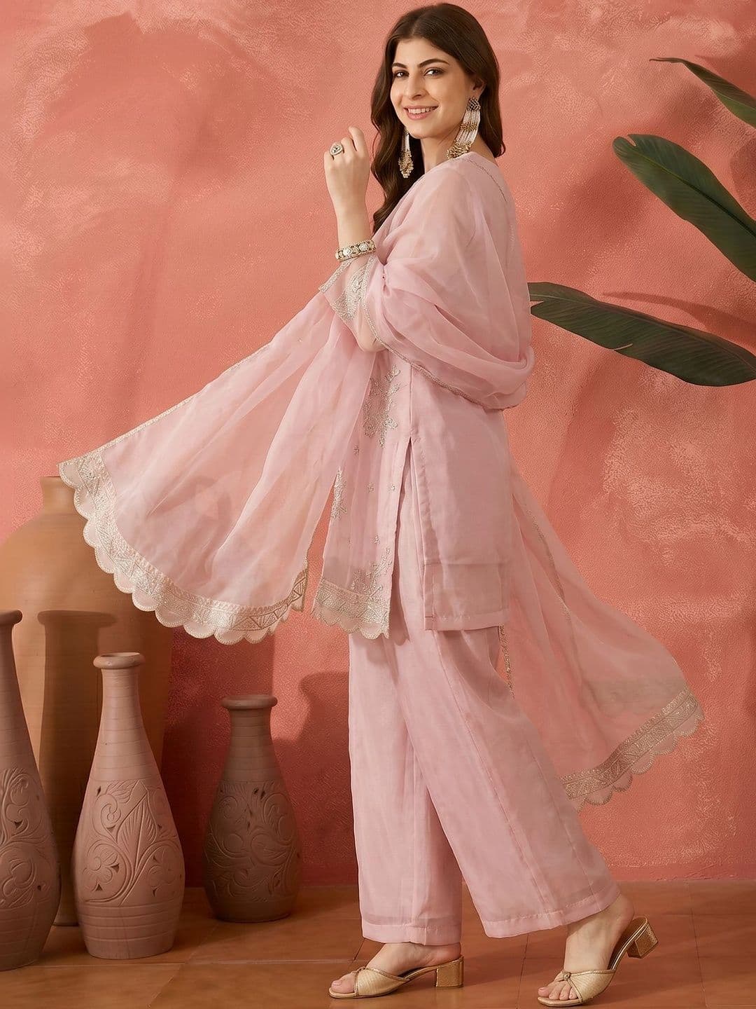 Sangria Embroidered Round Neck Kurta & Trousers With Dupatta thumbnail 3