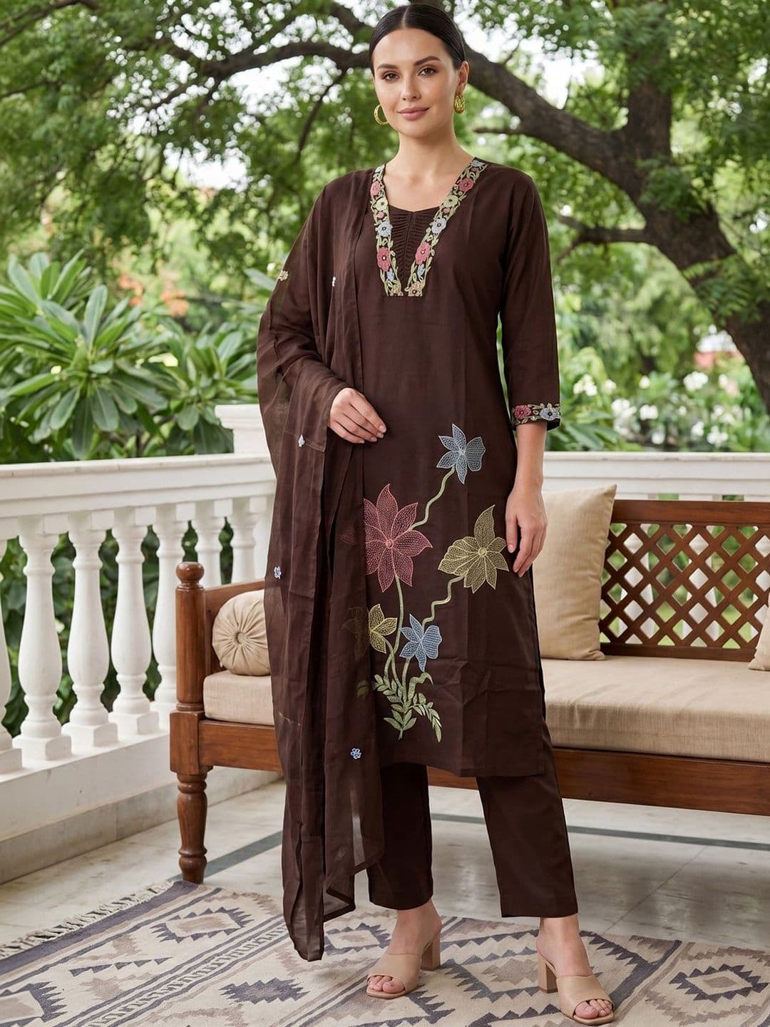 Indo Era Women Floral Embroidered Regular Thread Work Pure Cotton Kurta with Trousers & With Dupatta thumbnail 6
