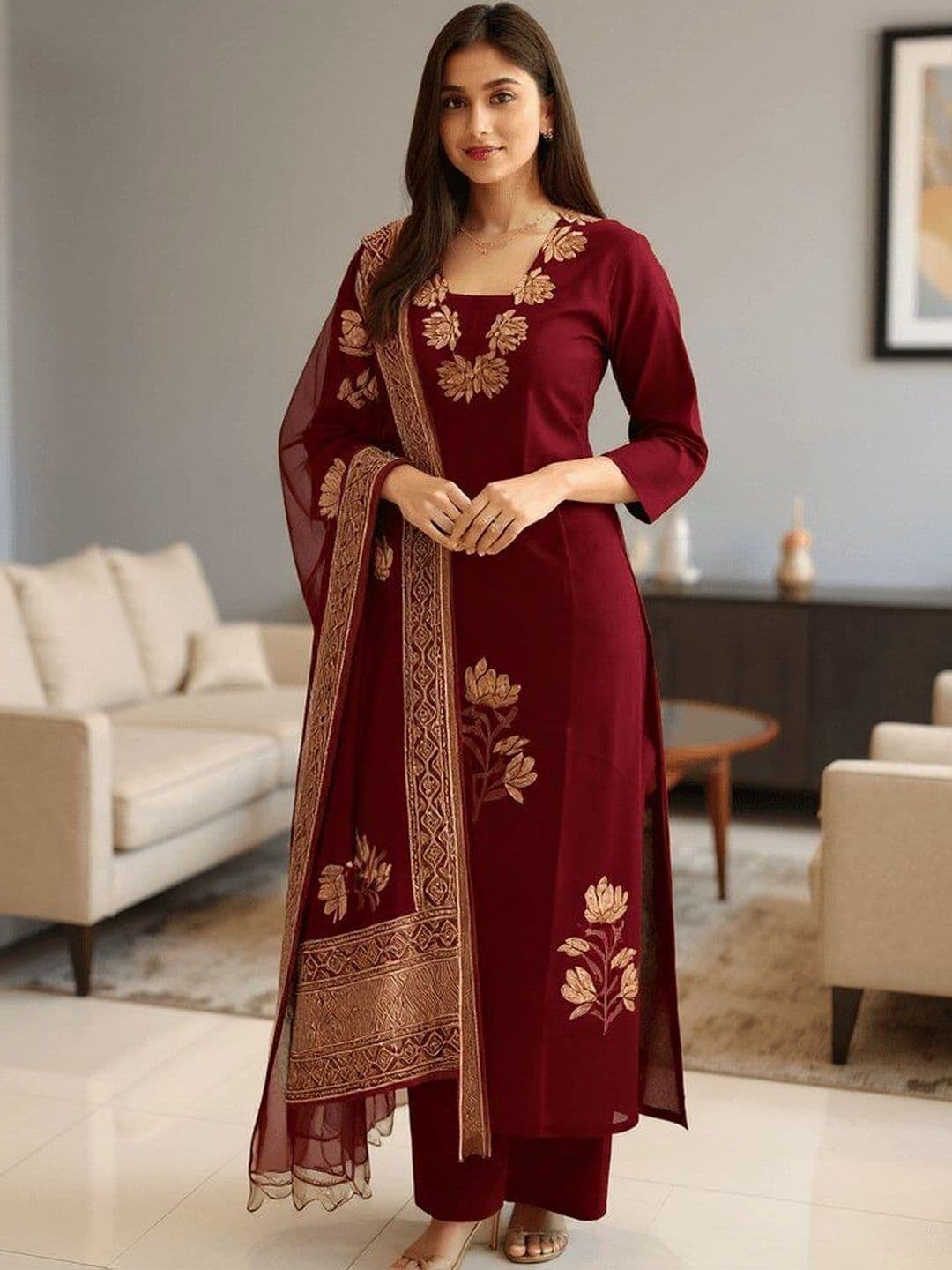 NARI DREAM Women Floral Embroidered Regular Thread Work Kurta with Palazzos & With Dupatta - view 1