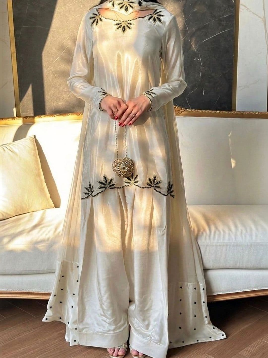 HERIN ENTERPRISE Women Ethnic Motifs Embroidered Regular Beads and Stones Silk Crepe Kurta with Palazzos & thumbnail 2