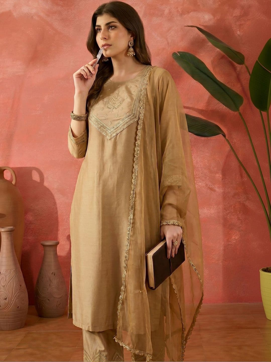 Sangria Embroidered Round Neck Kurta Sets thumbnail 2