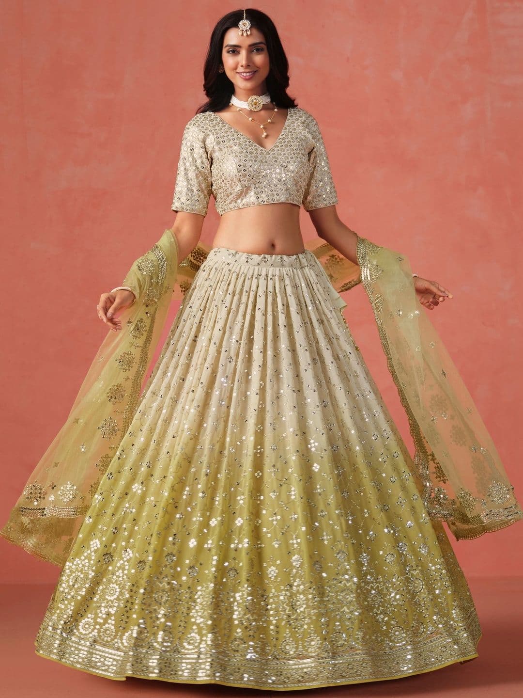ETHNIC PLUS Embroidered Yellow Embellished Sequinned Semi-Stitched Lehenga & Blouse With Dupatta thumbnail 6