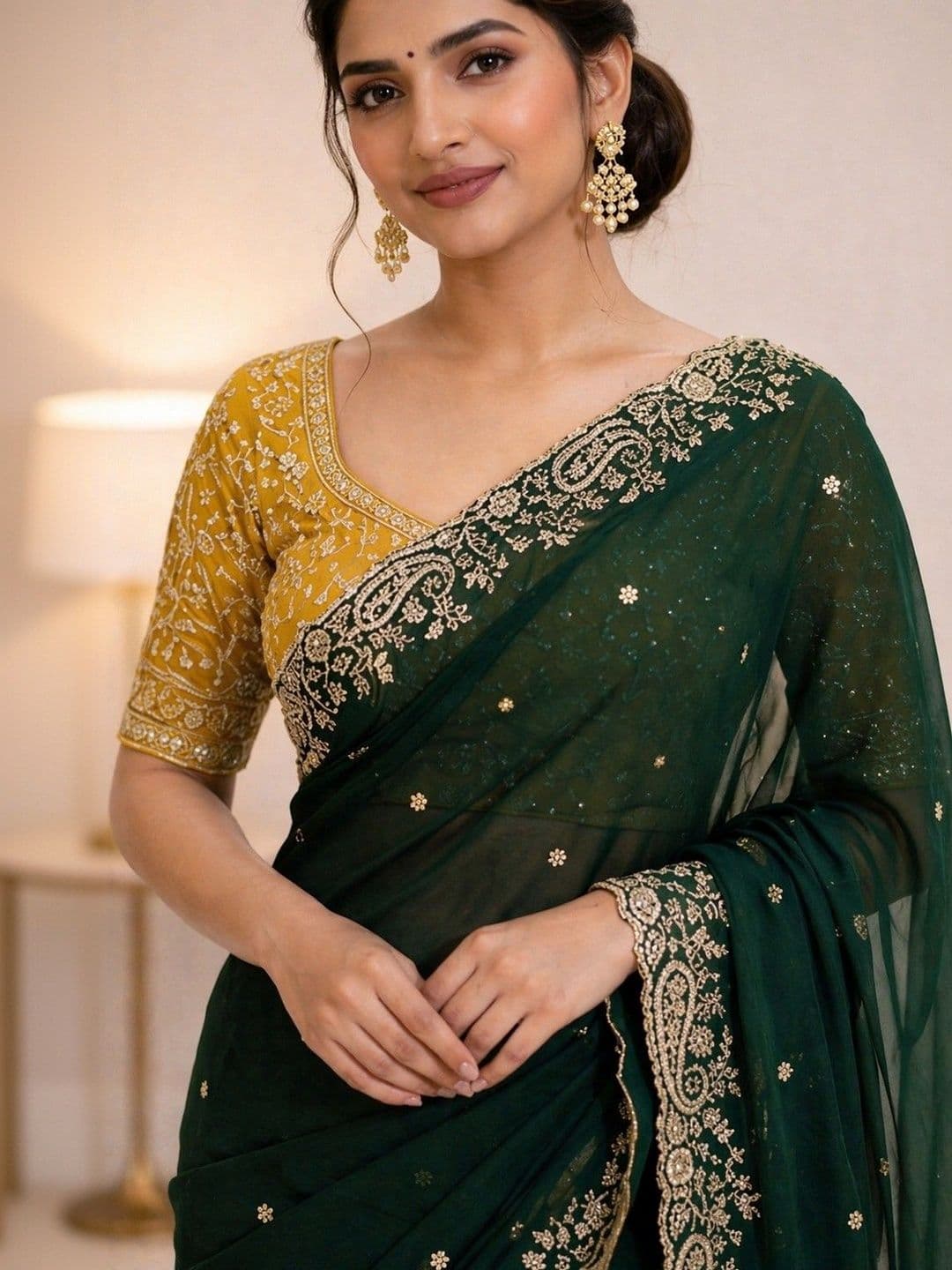 HERE&NOW Ethnic Motifs Embroidered Poly Georgette Heavy Work Banarasi Saree thumbnail 3