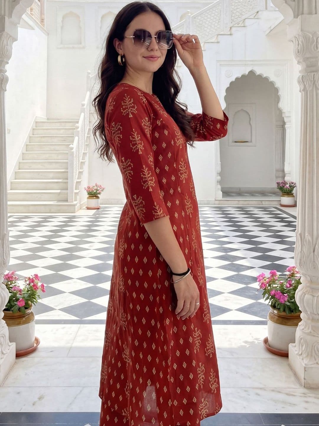Indo Era Women Ethnic Motifs Printed Regular Pure Cotton Kurta with Trousers thumbnail 2