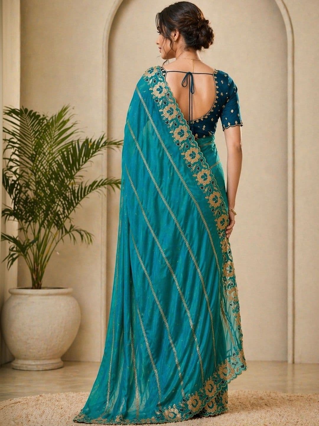 HERE&NOW Floral Embroidered Poly Georgette Designer Banarasi Saree thumbnail 4