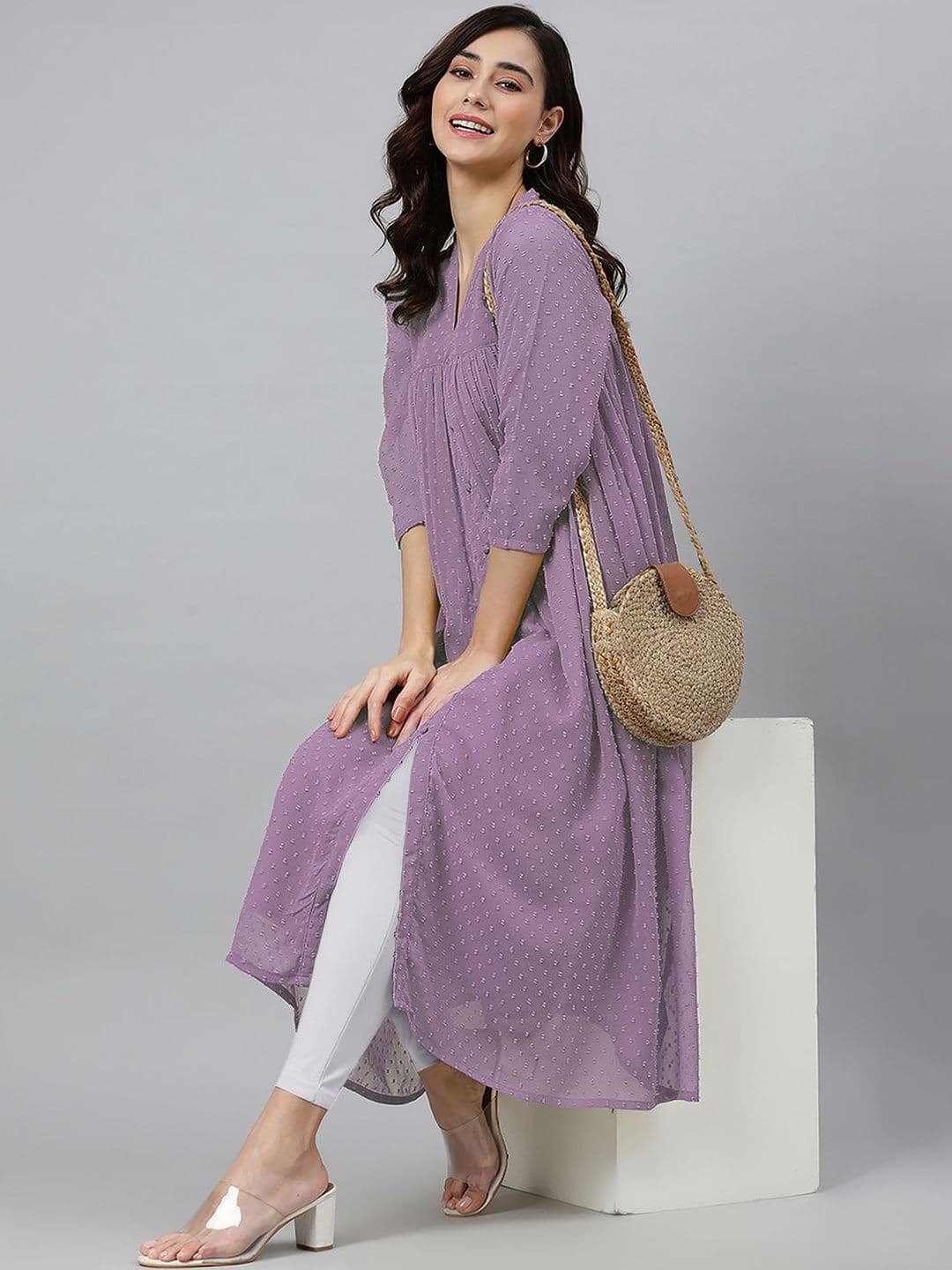 Janasya Women Lavender Dobby Chiffon Self Design Flared Kurta thumbnail 6