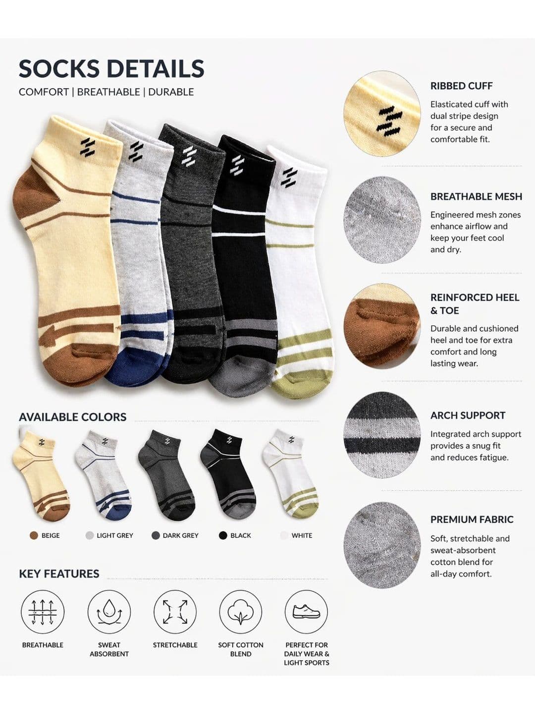 Sloxie Unisex Pack of 5 Cotton Colourblocked Ankle Length Socks thumbnail 2