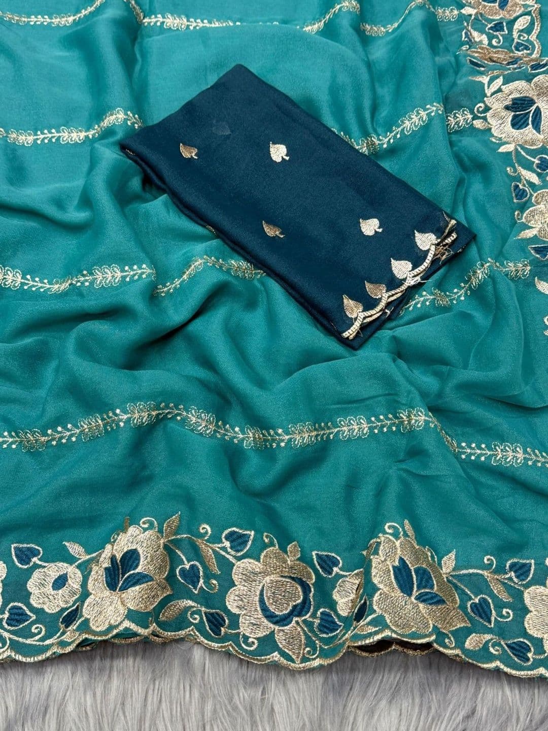 HERE&NOW Floral Embroidered Poly Georgette Designer Banarasi Saree thumbnail 5