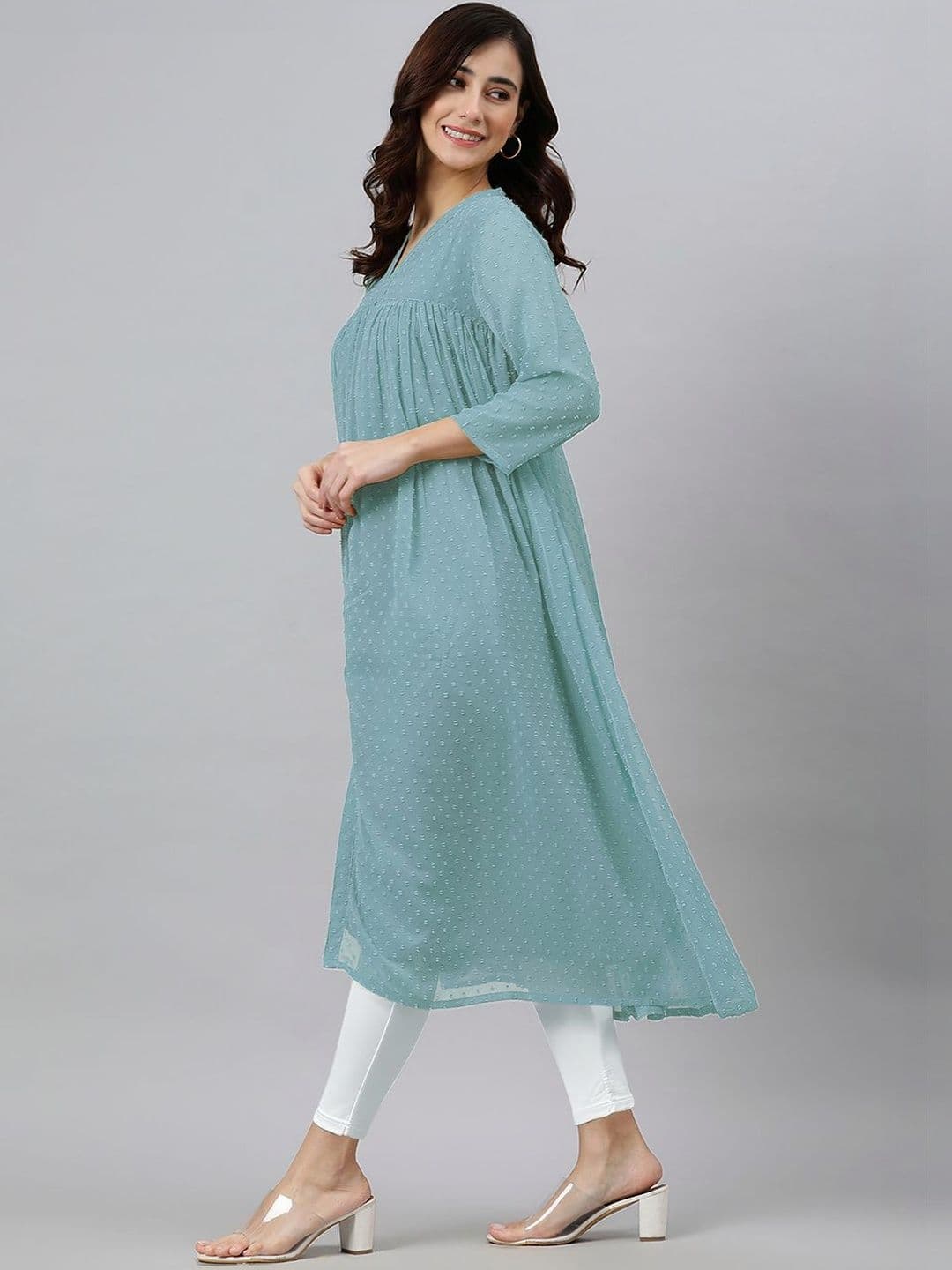 Janasya Women Blue Dobby Chiffon Self Design Flared Kurta thumbnail 2