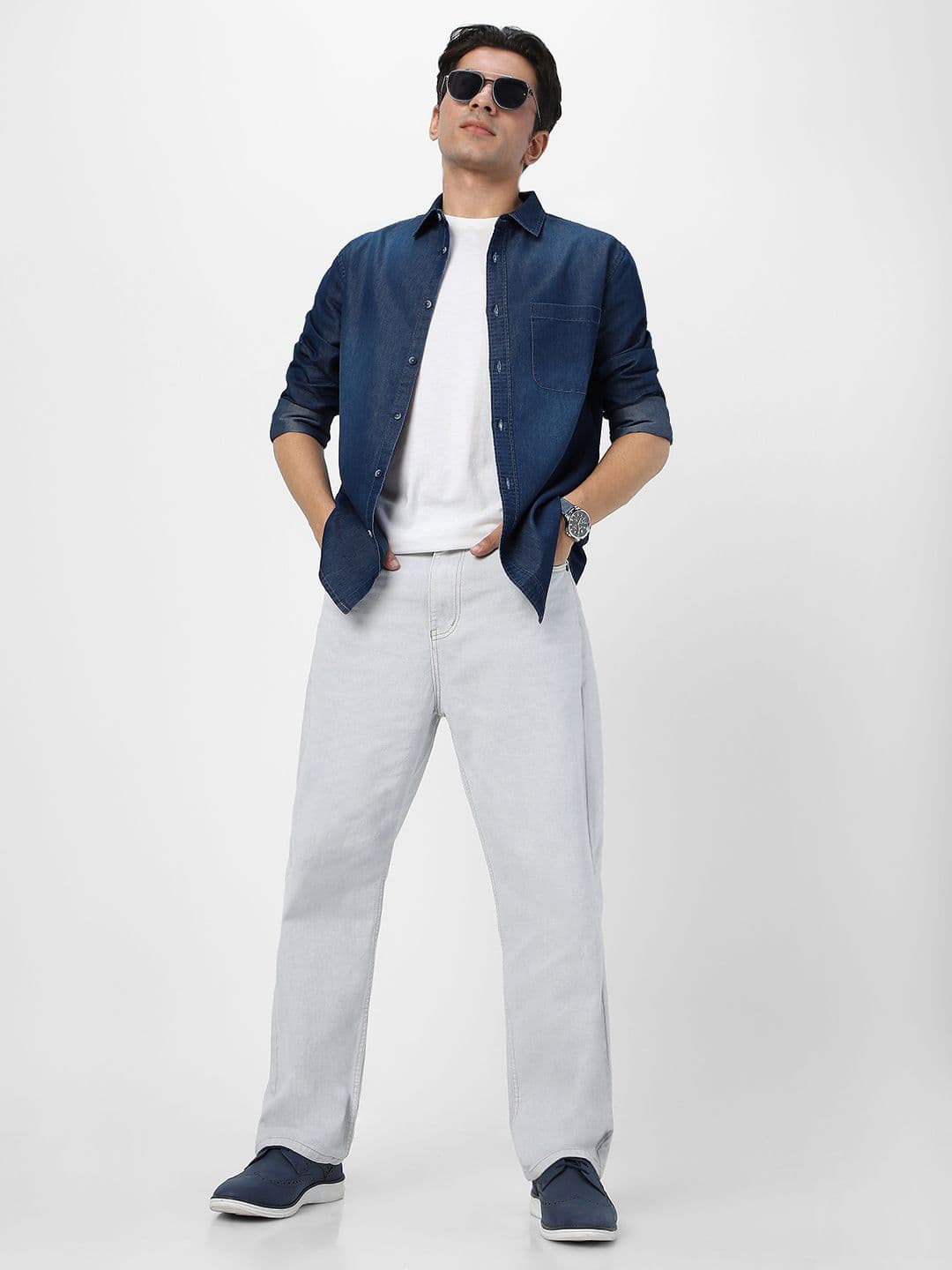 Urbano Fashion Men Spread Collar Solid Denim Casual Shirt thumbnail 2