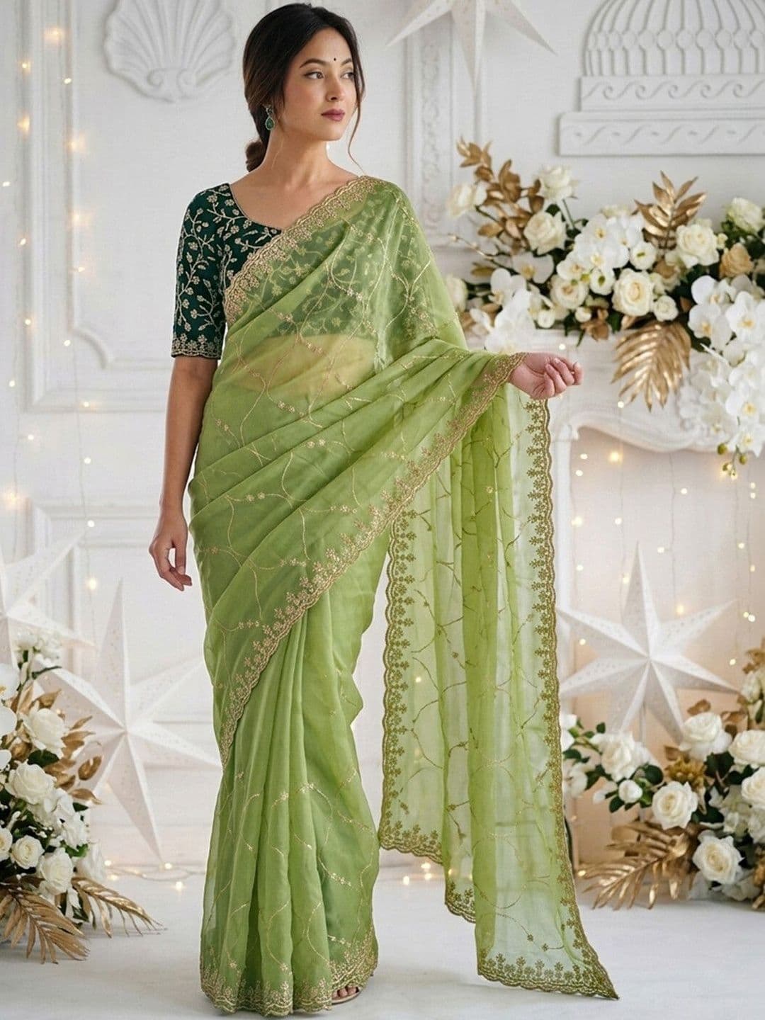 Satrani Floral Embroidered Pure Georgette Saree With Designer Blouse - view 1