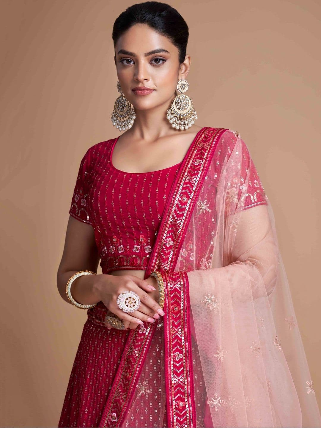 ETHNIC PLUS Embroidered Pink Embellished Sequinned net Semi-Stitched Lehenga & Blouse With Dupatta thumbnail 3