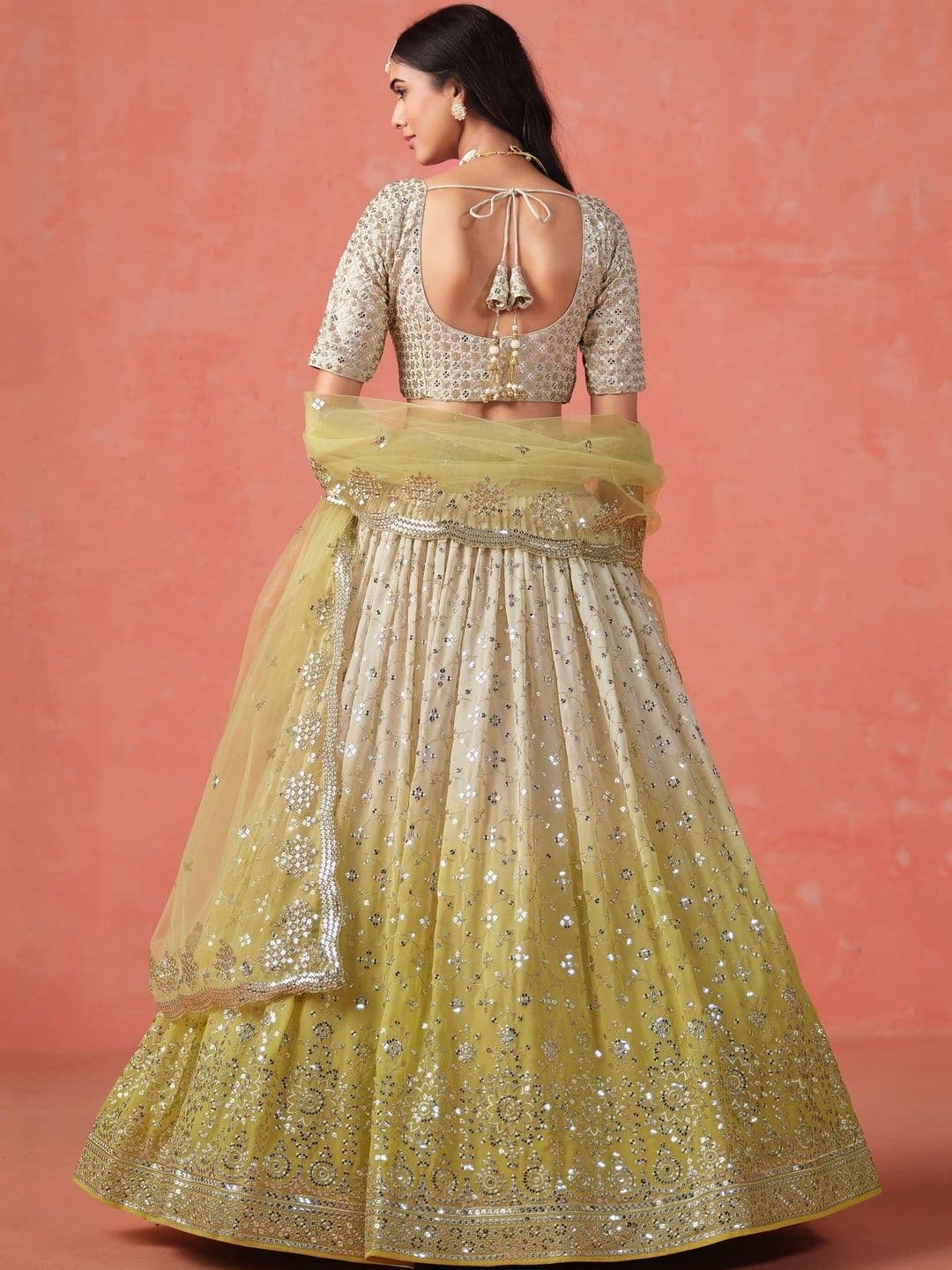 ETHNIC PLUS Embroidered Yellow Embellished Sequinned Semi-Stitched Lehenga & Blouse With Dupatta thumbnail 2