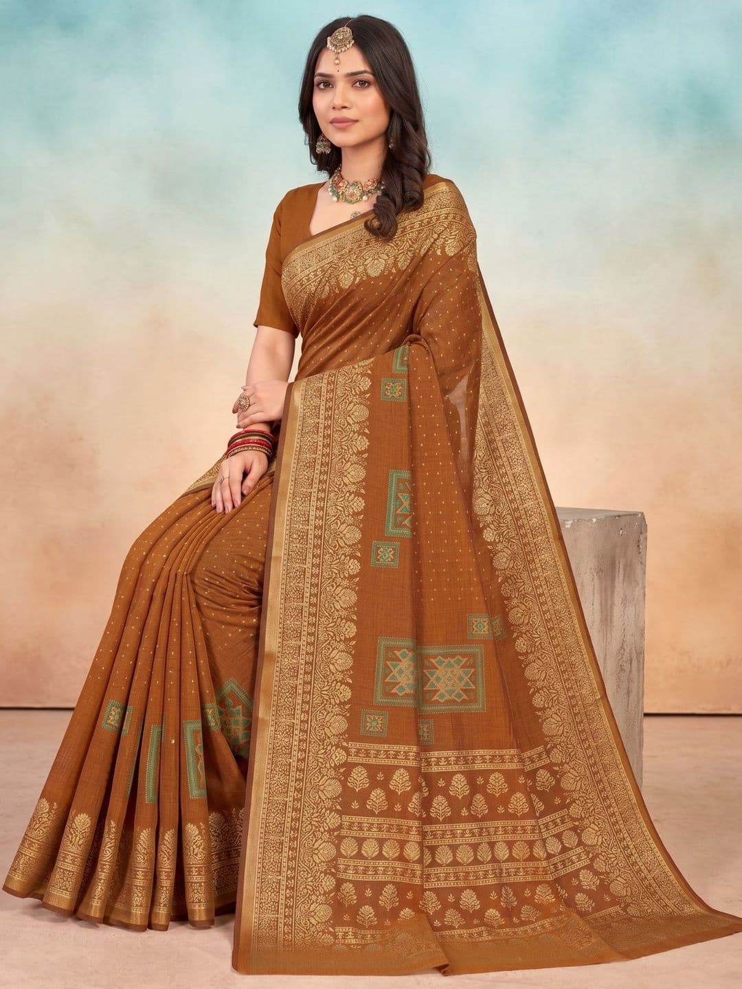 HERE&NOW X Minu Fashions Ethnic Motifs Zari Pure Cotton Handloom Banarasi Saree thumbnail 4