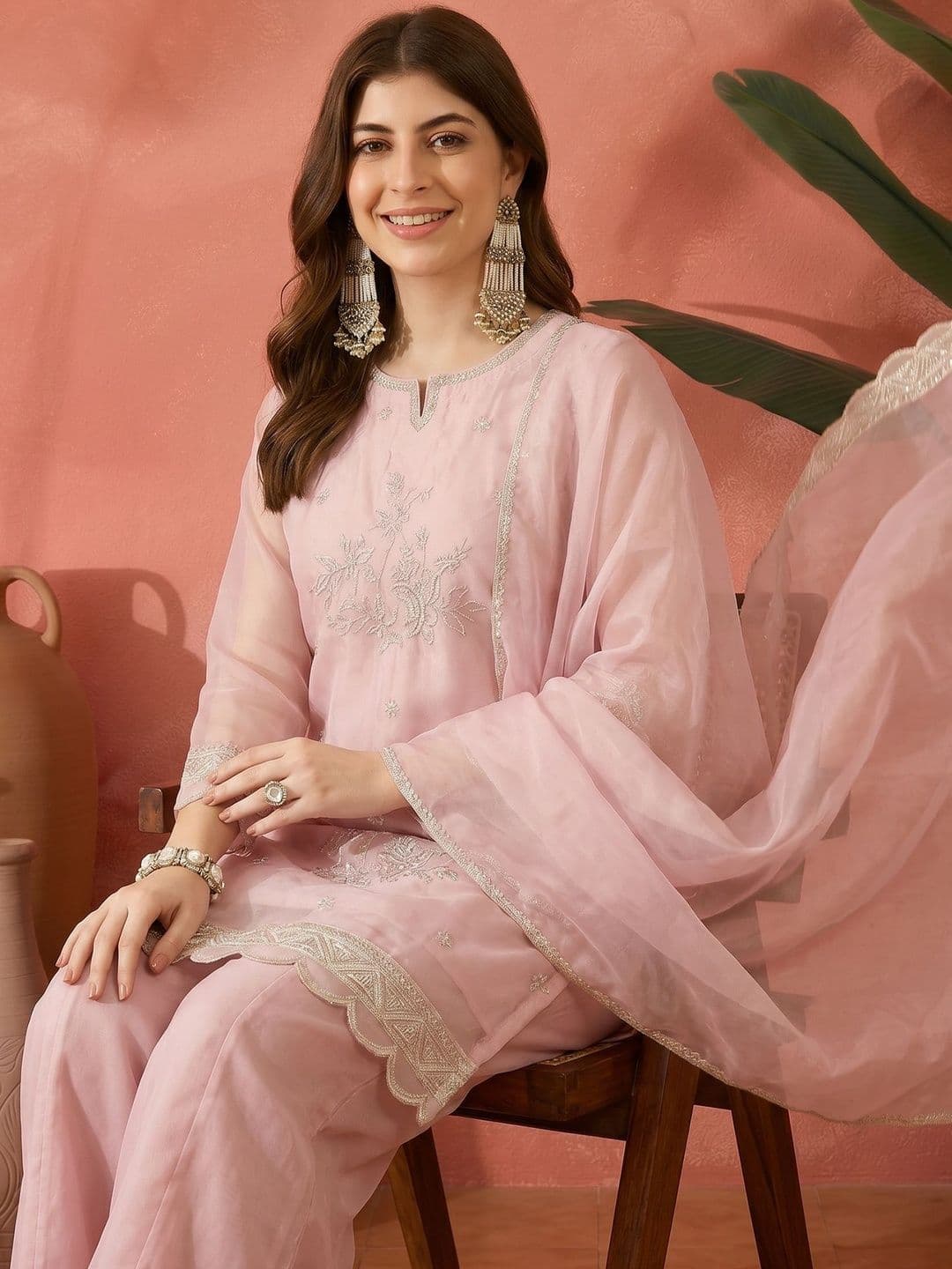 Sangria Embroidered Round Neck Kurta & Trousers With Dupatta thumbnail 6