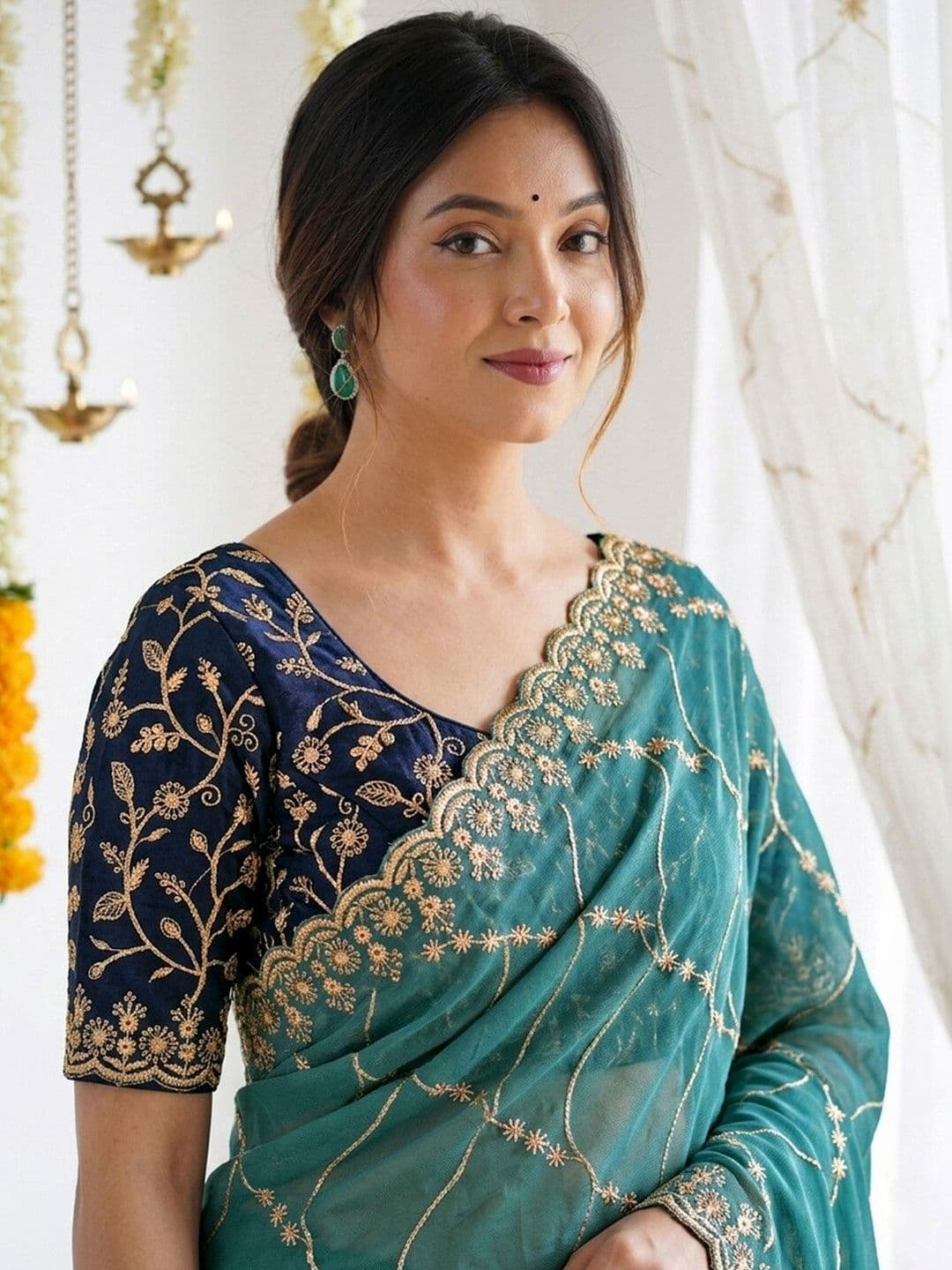 Satrani Embellished Embroidered Pure Georgette Saree With Designer Blouse thumbnail 5