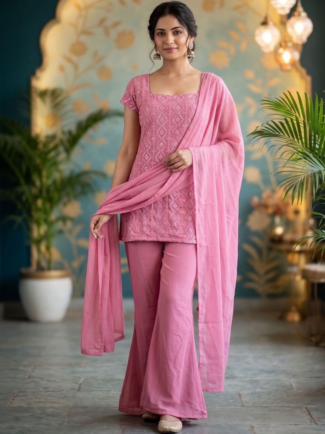TWINS LADY Women Ethnic Motifs Embroidered Regular Thread Work Kurta with Sharara & With Dupatta - view 1