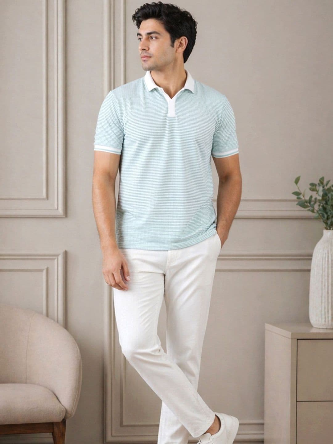 THE BEETEL HOUSE Men Striped Polo Collar T-shirt thumbnail 3