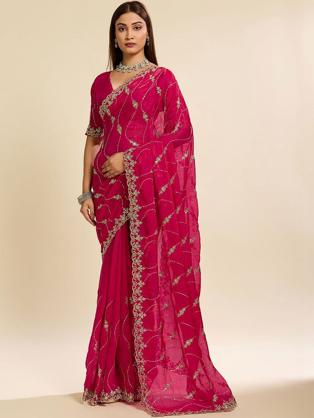 Elite Fashion Embellished Embroidered Satin Heavy Work Saree - view 1