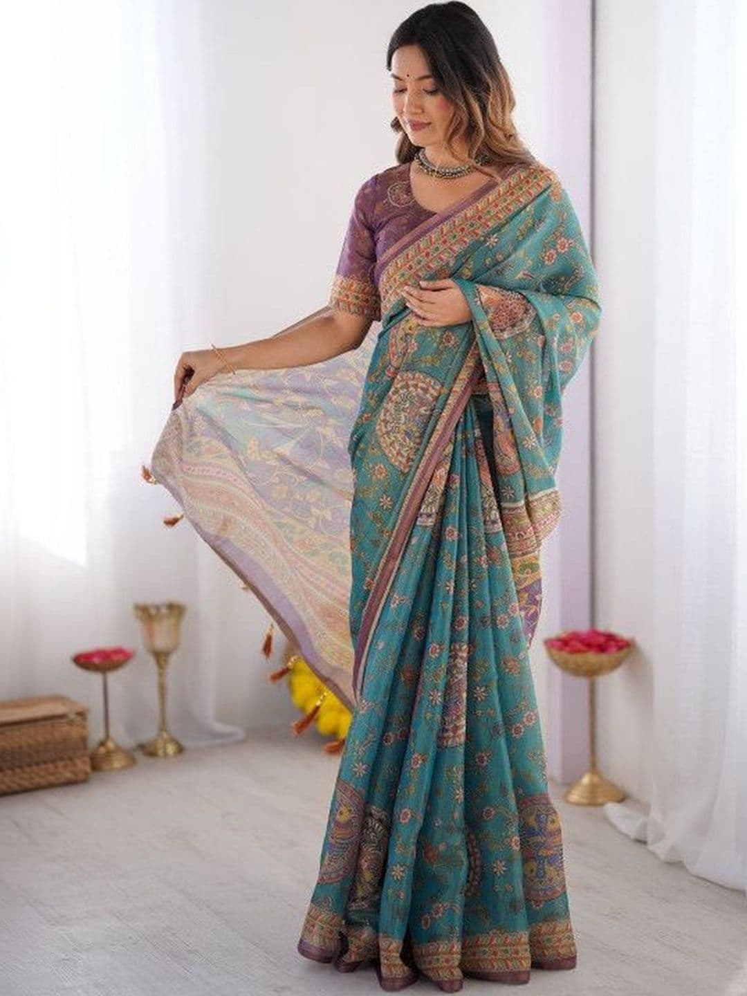 KALINI Ethnic Motifs Linen Blend Handloom Chanderi Saree thumbnail 4