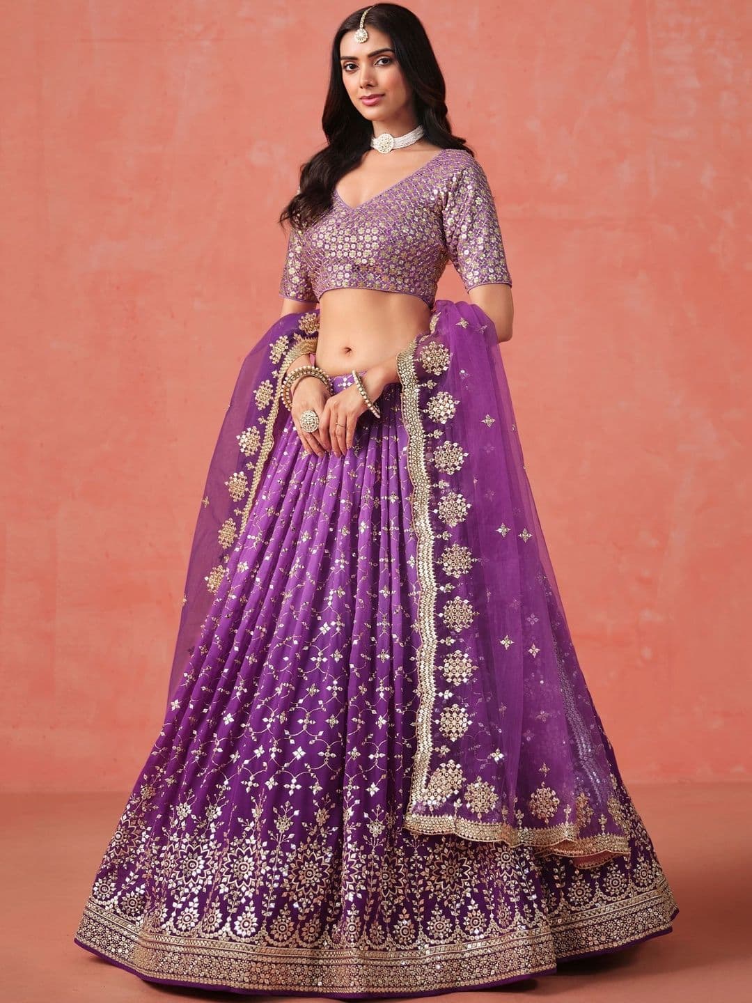 ETHNIC PLUS Embroidered Purple Embellished Sequinned Semi-Stitched Lehenga & Blouse With Dupatta thumbnail 7