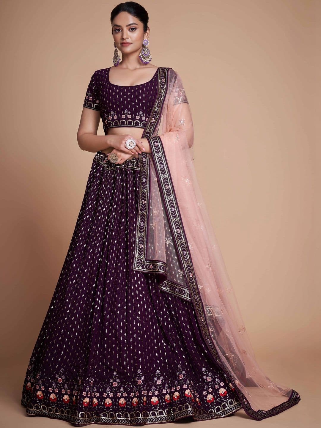 ETHNIC PLUS Embroidered Purple Embellished Sequinned Semi-Stitched Lehenga & Blouse With Dupatta - view 1