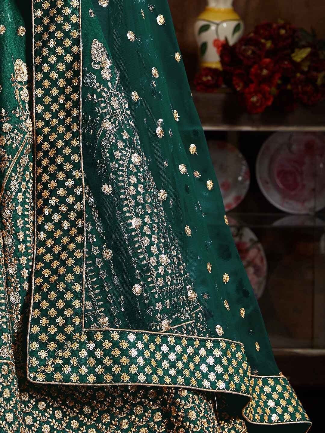 ETHNIC PLUS Green Embroidered Sequinned Semi-Stitched Silk Lehenga & Blouse With Dupatta thumbnail 2