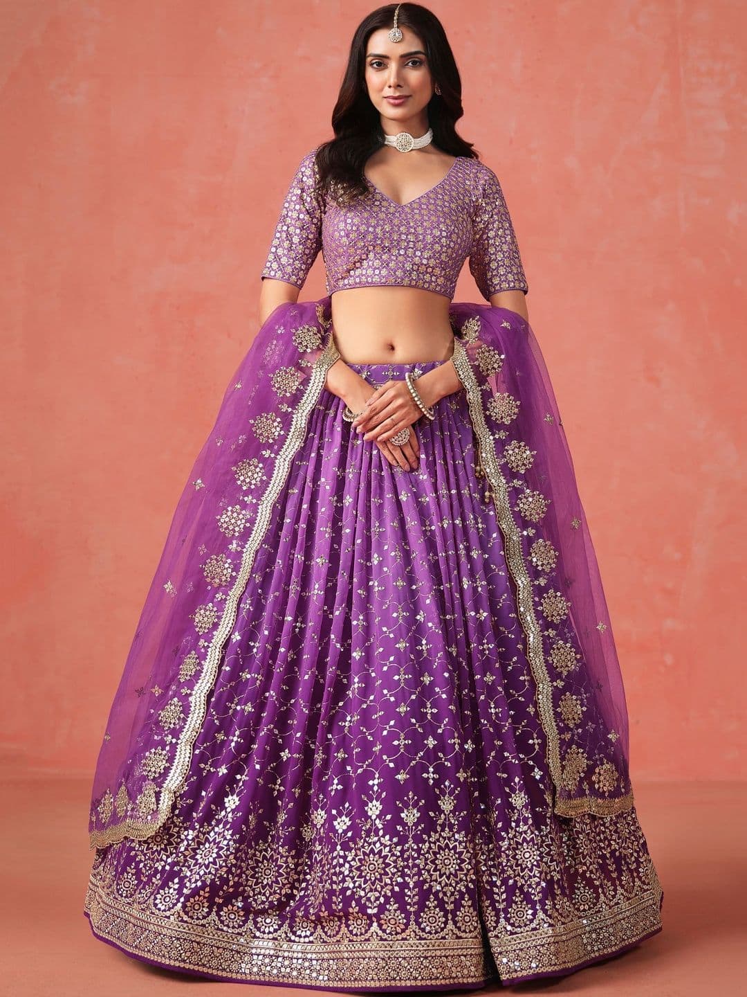 ETHNIC PLUS Embroidered Purple Embellished Sequinned Semi-Stitched Lehenga & Blouse With Dupatta - view 1