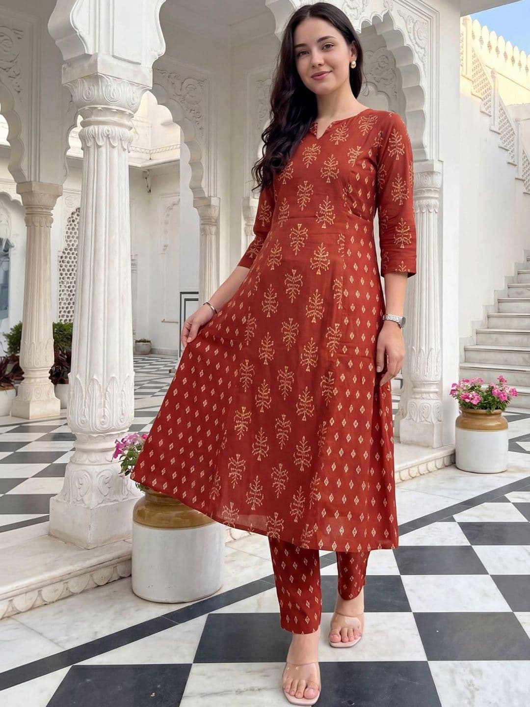 Indo Era Women Ethnic Motifs Printed Regular Pure Cotton Kurta with Trousers - view 1