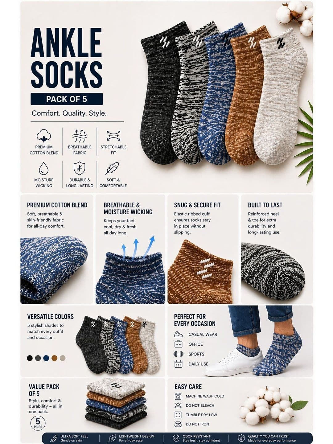 Sloxie Unisex Pack of 5 Cotton Striped Ankle Length Socks thumbnail 3