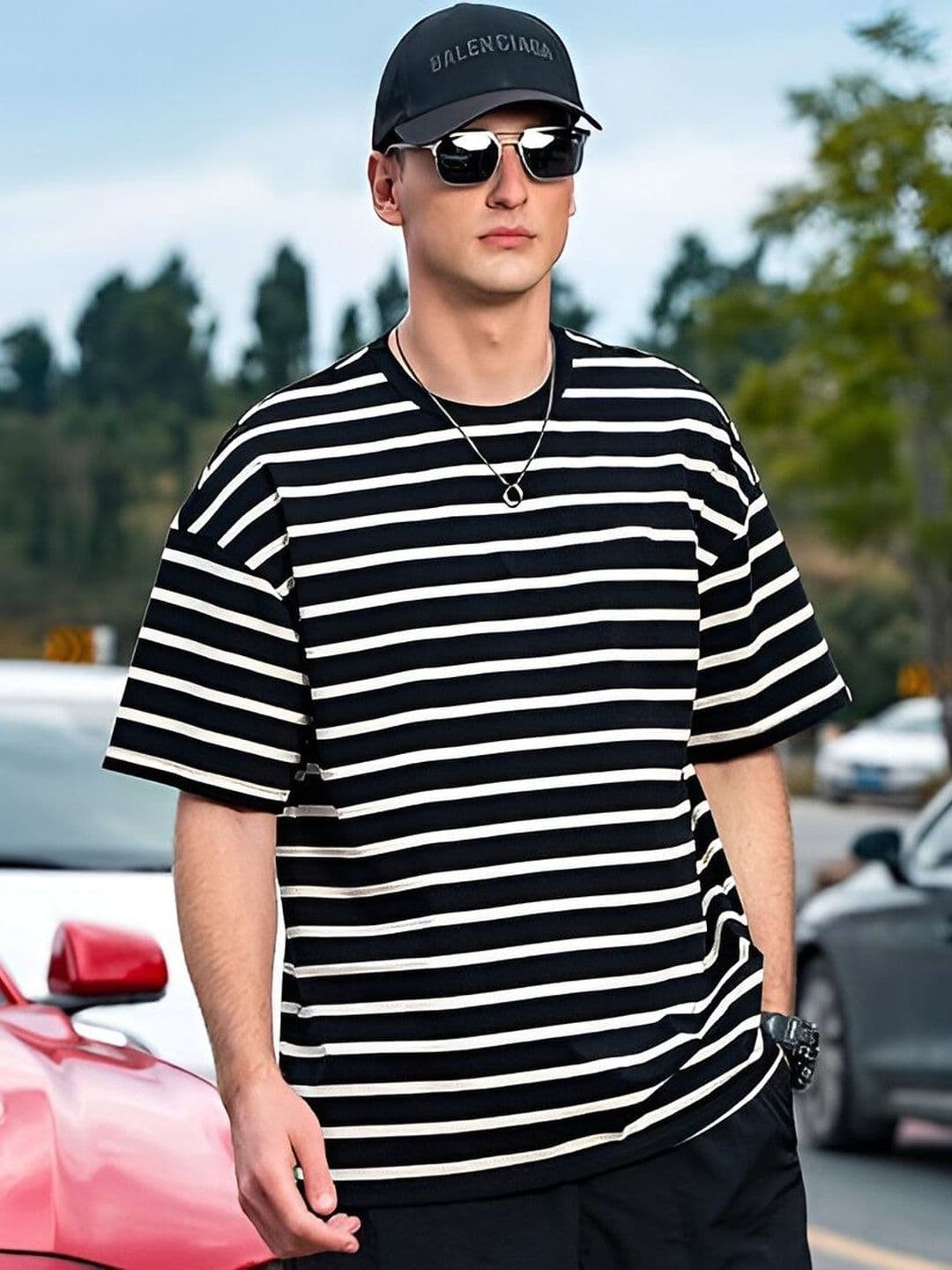The Roadster Lifestyle Co Striped Oversized-Fit Cotton Round Neck Drop Shoulder T-Shirt - view 1