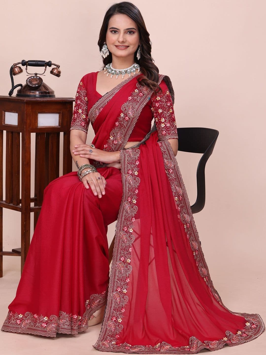Saanvi Floral Embroidered Poly Georgette Heavy Work Saree - view 1