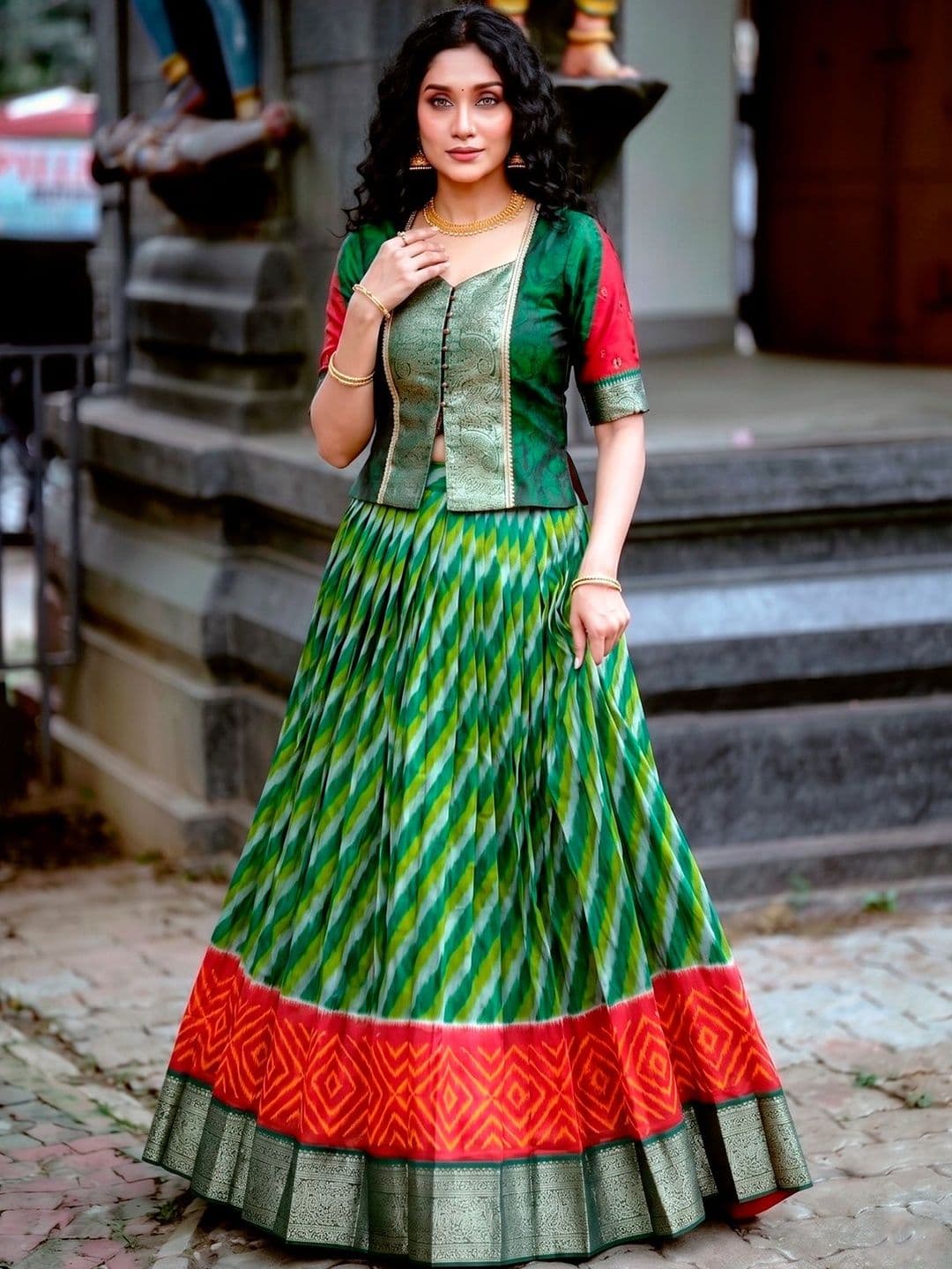 LOOKNBOOK ART Tasar Silk Leheriya Print Lehenga Choli with Rich Zari Weaving Work - view 1