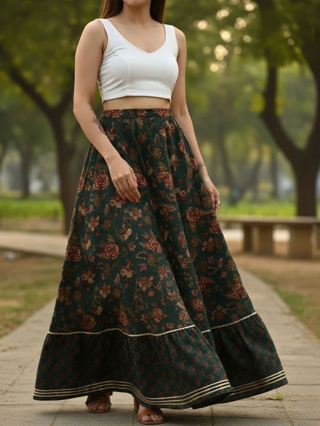 Sangria Women Cotton Cambric Floral Maxi Flared Skirt thumbnail 2