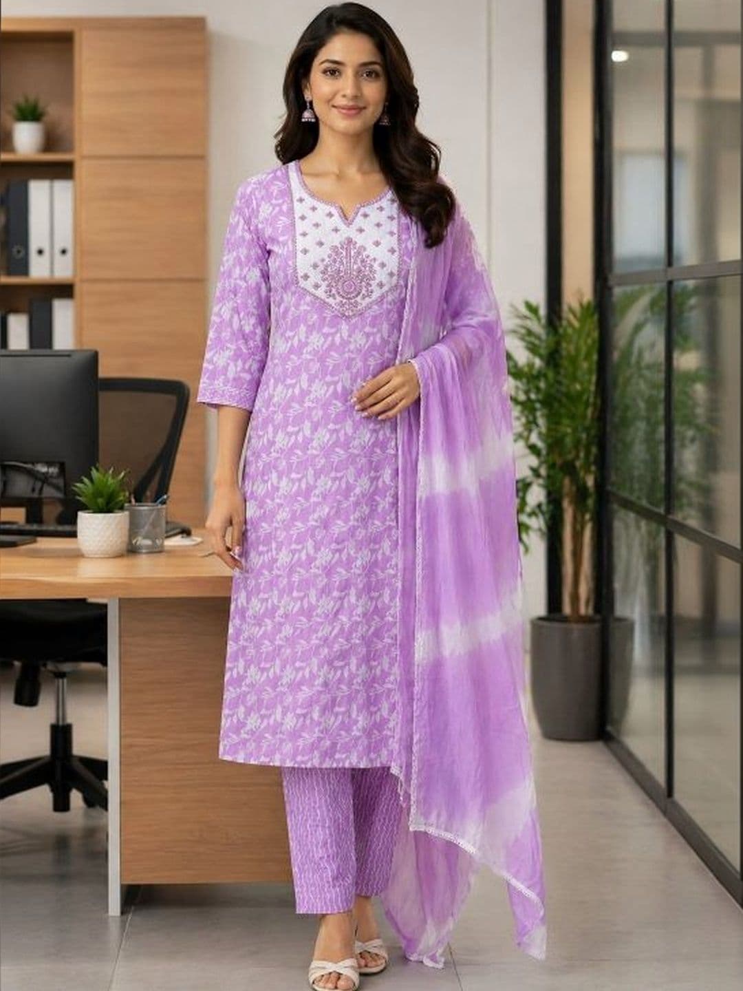 ROSHNI Women Ethnic Motifs Printed Round Neck Pure Cotton Regular Kurta With Trousers & Dupatta thumbnail 4