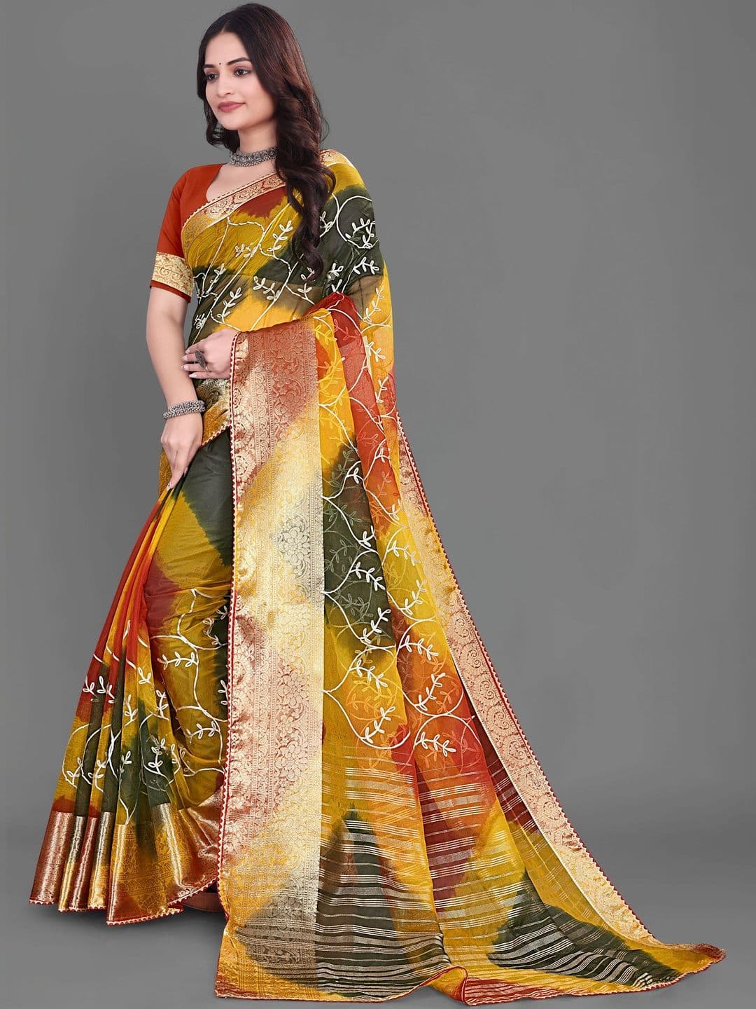 KOTHARI SBT Embellished Embroidered Organza Heavy Work Patola Saree thumbnail 4
