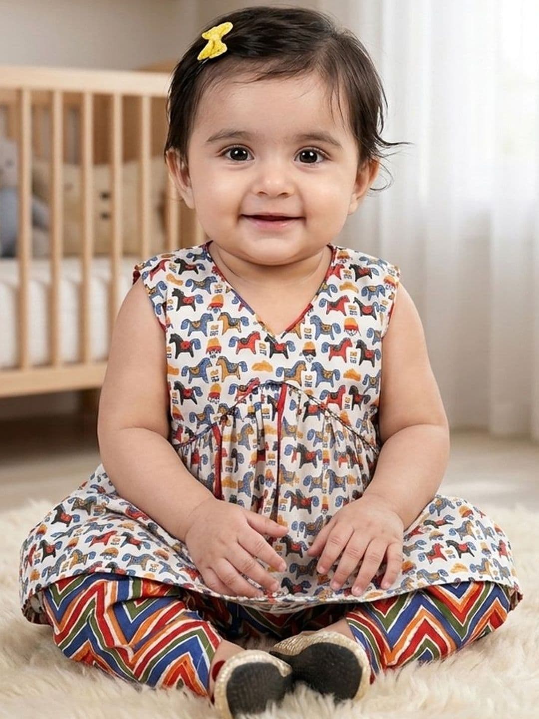 Sangria Girls Printed Pure Cotton V-Neck Kurta & Dhoti Pants