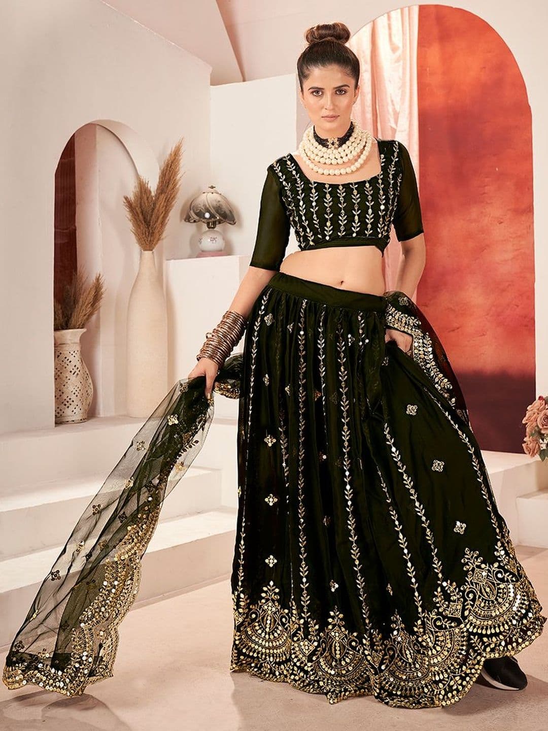 House of Pataudi Embroidered Flared Lehenga Choli With Dupatta thumbnail 5