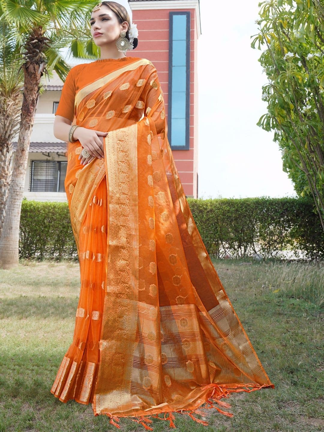 KOTHARI SBT Floral Woven Design Zari Organza Bandhani Saree thumbnail 3