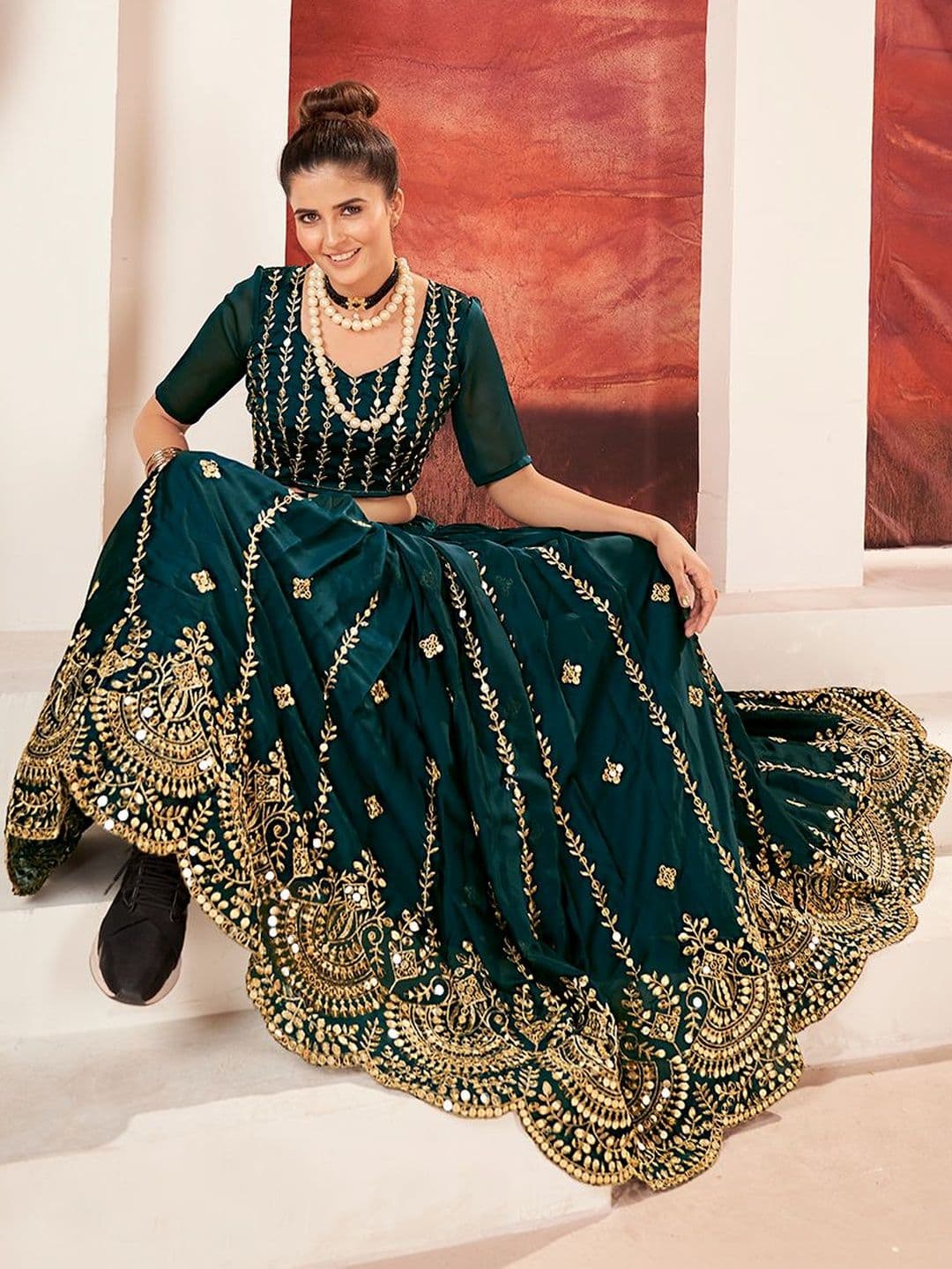 House of Pataudi Embroidered Flared Lehenga Choli  With Dupatta thumbnail 6