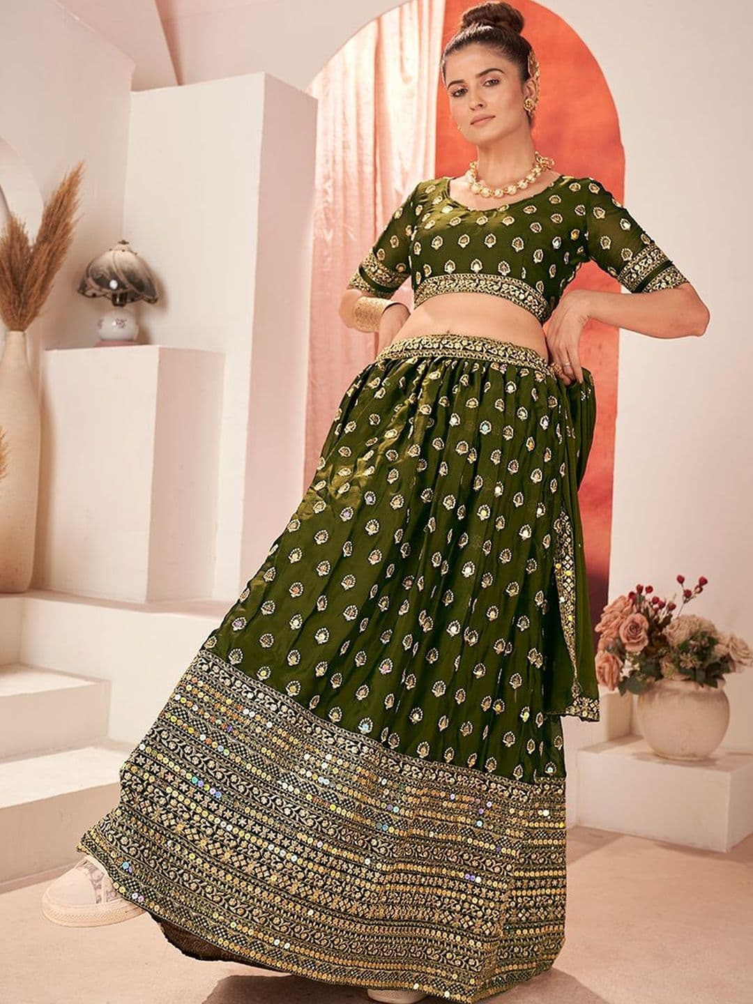 House of Pataudi Embroidered Flared Lehenga Choli  With Dupatta thumbnail 5